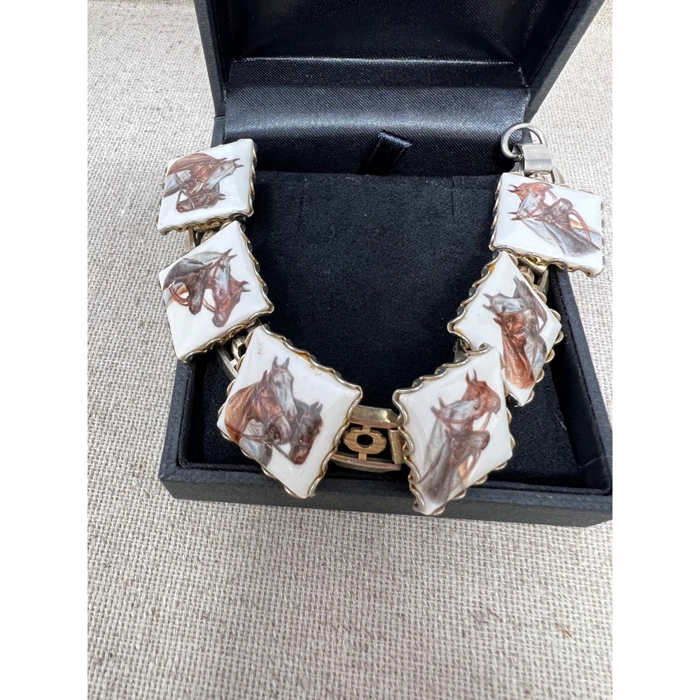 Vintage Equestrian Horse Portrait Porcelain Tile Link Bracelet Gold Tone 7.5in - Picture 2 of 11